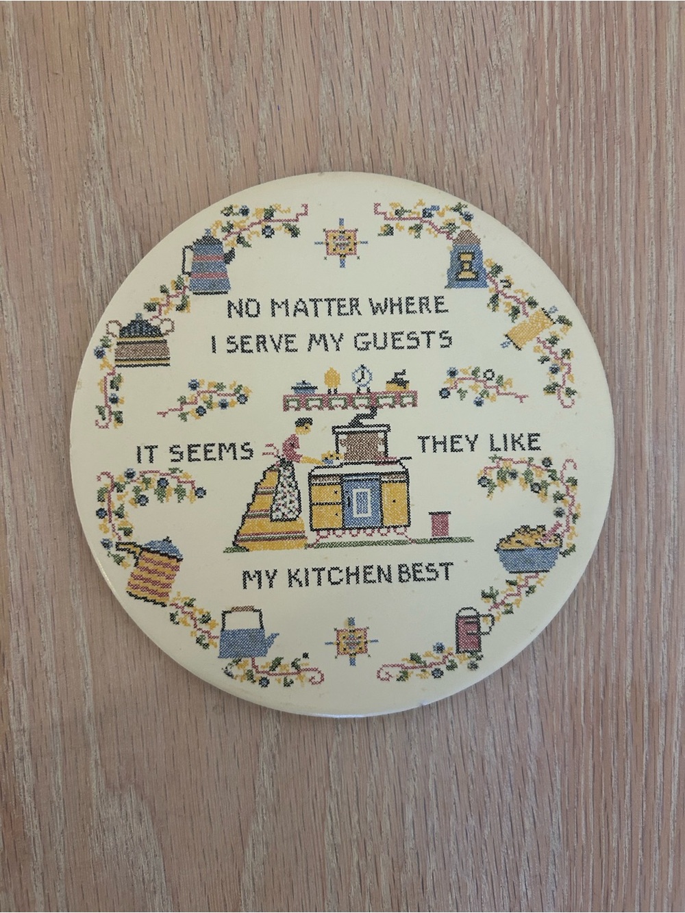 Vintage Cream Kitchen Cross-Stitch Wall Plaque with Multicolor Accents